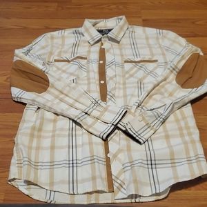 Tan, white, and gray plaid men's button up shirt